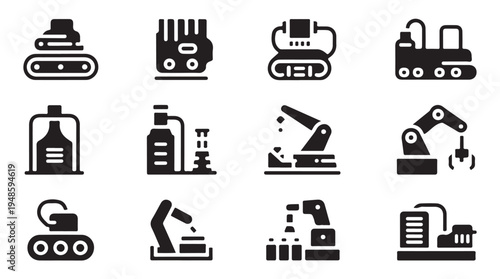 Industrial robotic arm icons for automated factory production line and manufacturing process