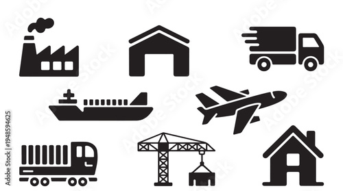 Logistics and transportation icons for global supply chain shipping and warehouse operations