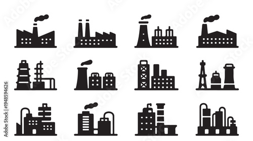Heavy industry and chemical plant icons for petroleum refinery and manufacturing facilities