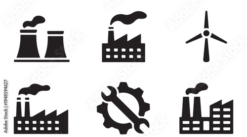 Industrial factory building and energy production icons. power plant, wind turbine, manufacturing, machinery symbols