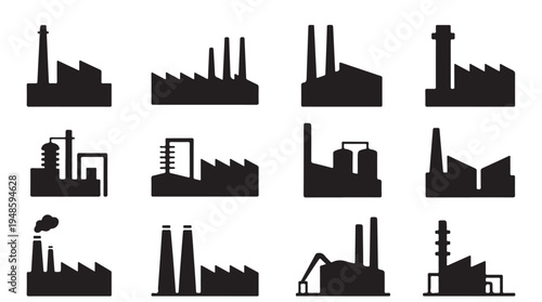 Industrial factory building icons for manufacturing plants and oil refinery complex designs