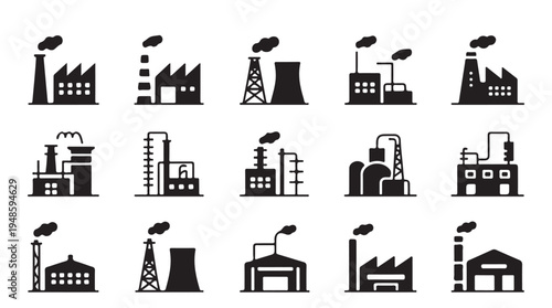 Factory building and power plant silhouettes for industrial manufacturing and energy sector