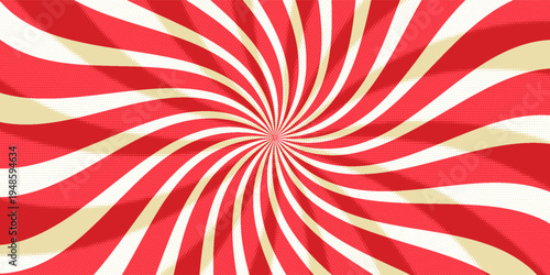 Retro red background with vintage circus sunburst. Psychedelic colorful swirl poster, abstract pattern in 70s carnival style. Hypnotic sunburst vector illustration.