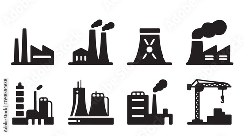 Industrial factory and construction site icons. power plant, crane, manufacturing, nuclear energy symbols