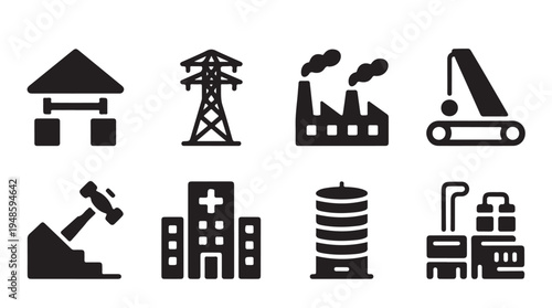 Industry and infrastructure icons. warehouse, power line, factory, hospital, demolition, storage symbols