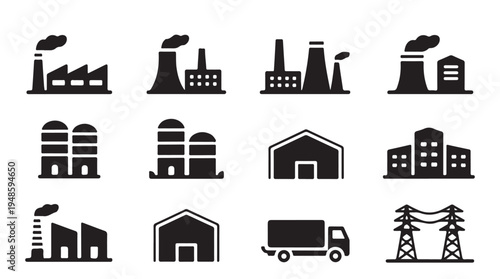 Industrial factory, storage, and transportation icons. manufacturing, silos, warehouse, truck, power line