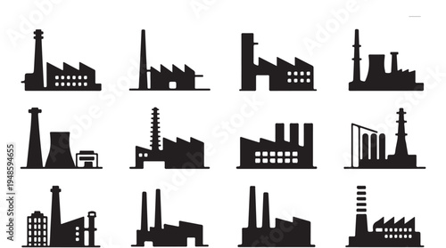 Collection of modern factory buildings with chimneys and industrial architecture symbols