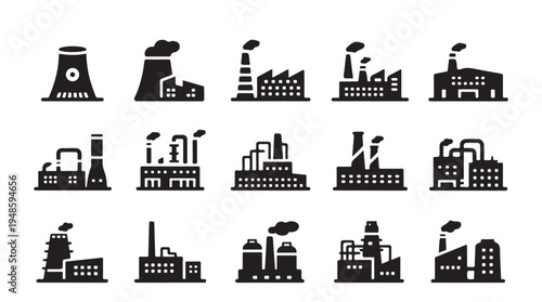 Industrial factory and power plant icons. manufacturing, production, energy, building, structure symbols