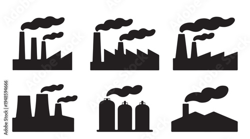 Industrial factories emitting smoke and pollution with different chimney designs