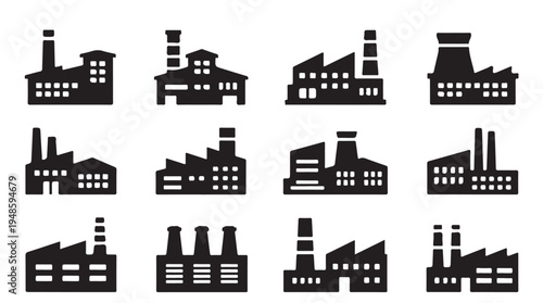 Set of factory and industrial building icons featuring diverse architectural styles