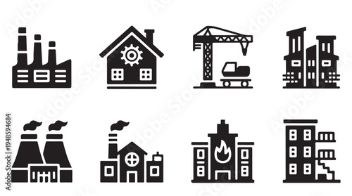 Industrial complex buildings including factories power plants and construction sites