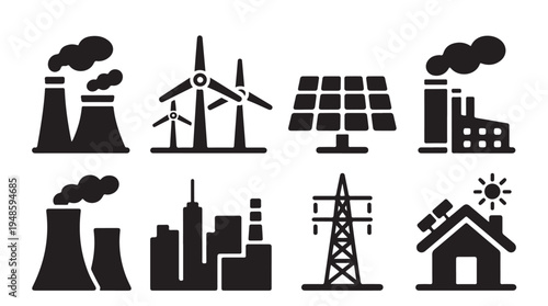 Renewable energy and power generation icons set with solar panel wind turbine and factory