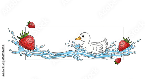 Cute Duckling Swimming in Water Splashes with Strawberries