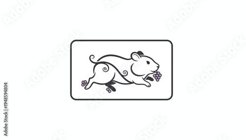 Cute Hamster Running with Grapes, Whimsical Line Art Illustration
