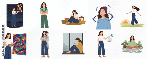 Flat Design Woman Doing Different Activities and Hobbies in Daily Life Illustration
