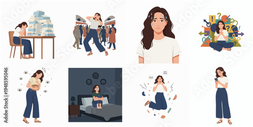 Flat Illustration Young Woman Experiencing Various Mental Health Issues Set