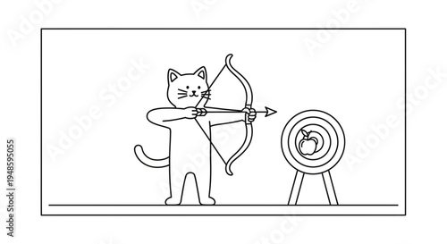 Cute Cat Archer Aiming Bow and Arrow at Apple on Target