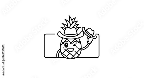 Cute Cowboy Pineapple Character Winking and Waving Hat, Cartoon Style
