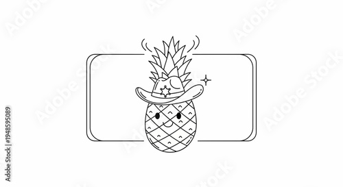 Cute Cowboy Pineapple Character with Hat and Eye Patch, Cartoon Style