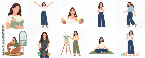 Flat Illustration Woman Doing Various Activities At Home Set Design