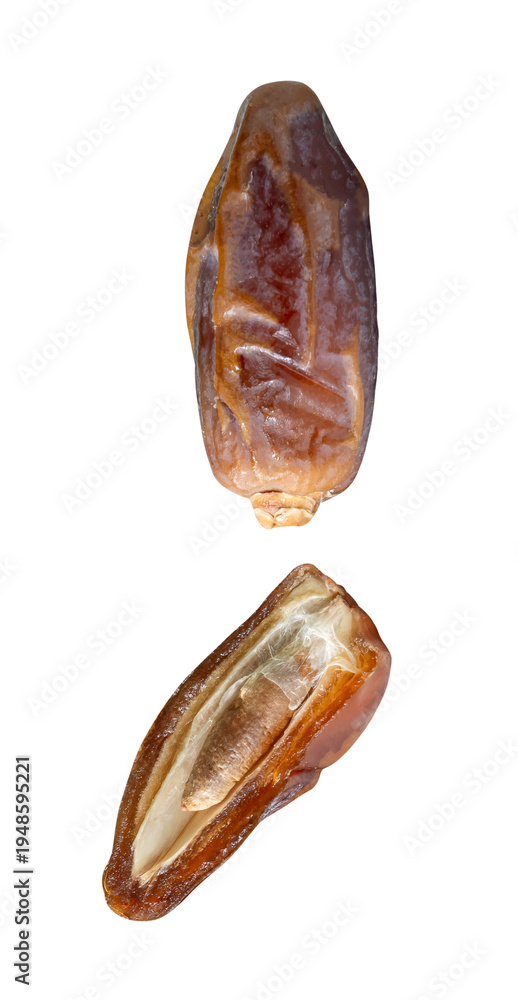 Fototapeta premium Ripe dried date palm fruit witth half in set isolated with clipping path in png file format Concept of iftar food in Ramadan month for Muslims