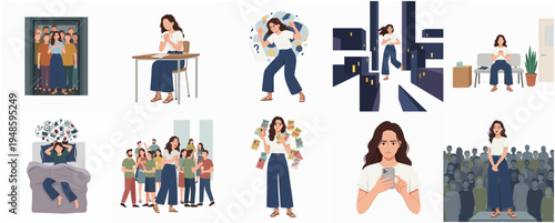 Illustrated Woman Expressing Different Emotions and Situations in Various Daily Life Scenes