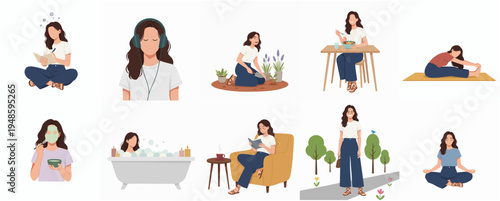 Flat Illustration of Diverse Woman Enjoying Relaxing and Wellness Activities Lifestyle