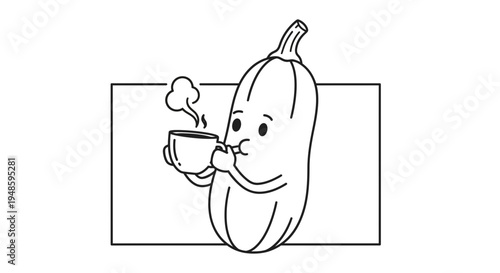 Cute cartoon butternut squash character drinking hot beverage from a mug, black and white line art