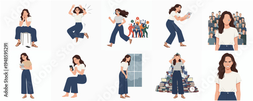 Minimalist Flat Woman Character in Different Poses and Situations Illustration