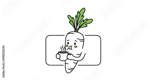 Cute cartoon carrot character holding a steaming cup of coffee, isolated on white background.