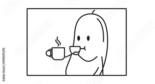 Cute cartoon character enjoying a hot cup of coffee or tea, simple line art illustration.