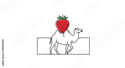 Camel Carrying Strawberry on Back, Minimalist Line Art, White Background
