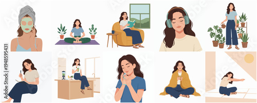 Flat Illustration Collection of Woman Enjoying Self Care and Relaxing Activities