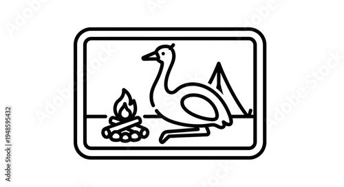 Camping Goose Icon: Campfire, Tent, and Bird Illustration