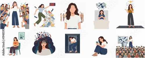 Flat Illustration of Woman Experiencing Various Mental and Emotional States