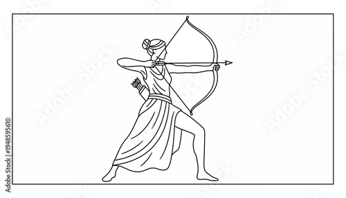 Archer Woman Drawing Bow in Ancient Greek Tunic, Dynamic Pose