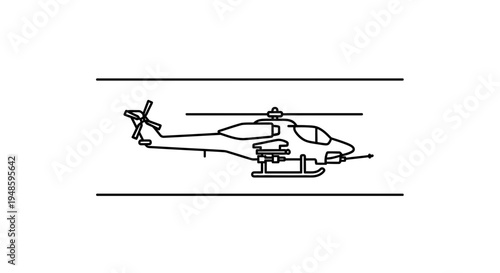 Attack Helicopter Silhouette, Military Aircraft, Cobra Style, Line Art