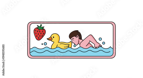 Boy Swimming With Rubber Duck and Strawberry in Bathtub