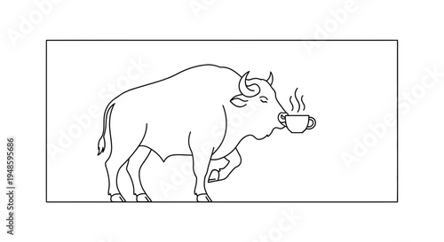 Buffalo Drinking Coffee, Morning Energy Boost, Animal Cartoon