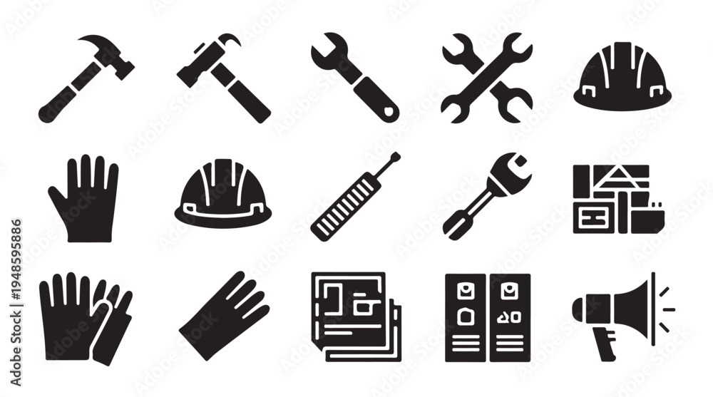 Fototapeta premium Assorted workshop tools and protective clothing icons for building and maintenance vector
