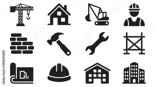 Engineering and construction industry vector icons set for building projects