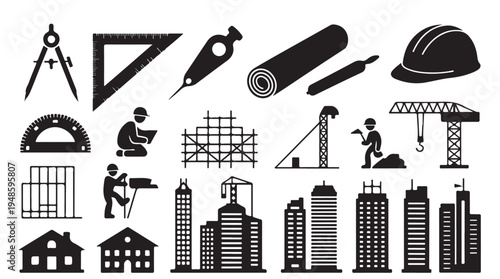 Architecture and construction tools and buildings vector black silhouette icons set