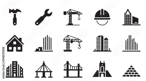 Construction and architecture related vector icons set in black and white