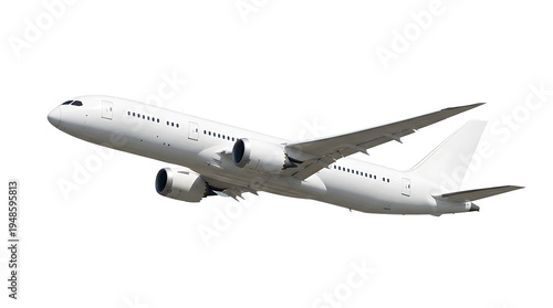 Side view of a clean white commercial airplane taking off isolated on white background