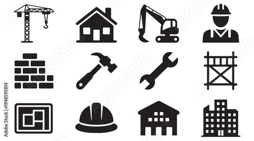 Set of construction industry building and tools icons set for web design