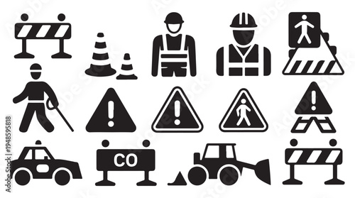 Road work and safety signs equipment and vehicle icons for web design