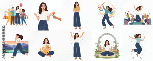 Diverse Flat Style Woman Character in Various Activity and Emotional Illustration Set