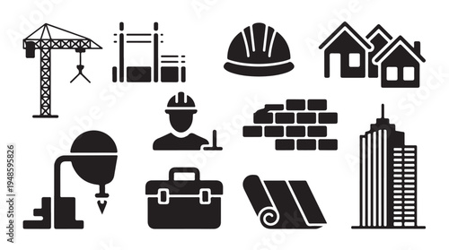 Construction industry building and tools icons set for web design