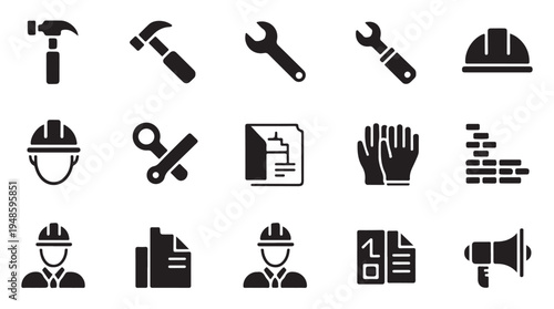 Construction tool icons set with hammer wrench architect plans and safety equipment vector