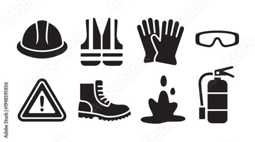Work safety icons featuring protective headwear reflective vest gloves and footwear vector